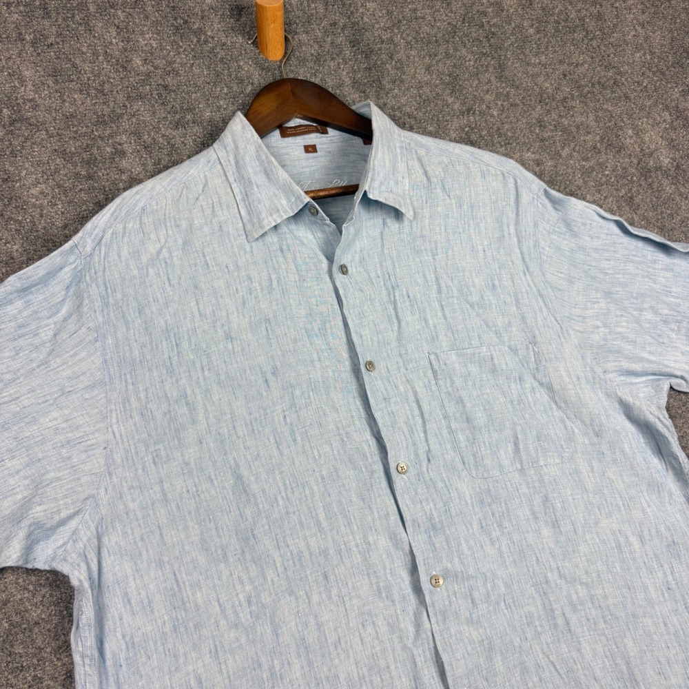 Tasso Elba Mens XL Blue 100% Luxury Linen Short Sleeve Button Up Shirt Pocket